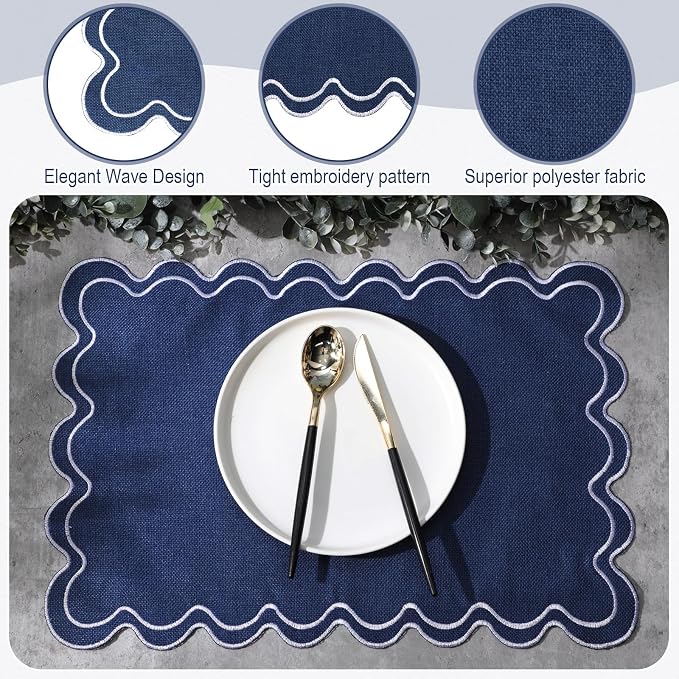 HunnmingRe Navy Blue with White Set of 6 Cotton Linen Wedding Placemats, 13x19 Inch Scalloped Wavy Embroidery Placemat Double Layered Washable Rustic Rectangle Dinner Table Mat for Home Decor