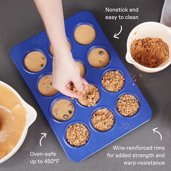 Great Jones Nonstick 12-Cup Muffin Pan (Blueberry) | Non Toxic | Blue Cupcake Pan with Dual-Layer Nonstick Coating | Oven-Safe to 450°F | Warp-Resistant & Easy Cleanup