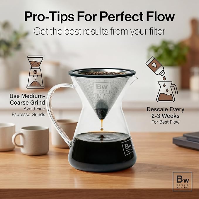Barista Warrior Reusable Coffee Filter - Stainless Steel Pour Over Dripper, Compatible for Chemex, Hario V60 & Drippers, Easy to Clean Flavorful Brew Fine Mesh Coffee Filter - Silver