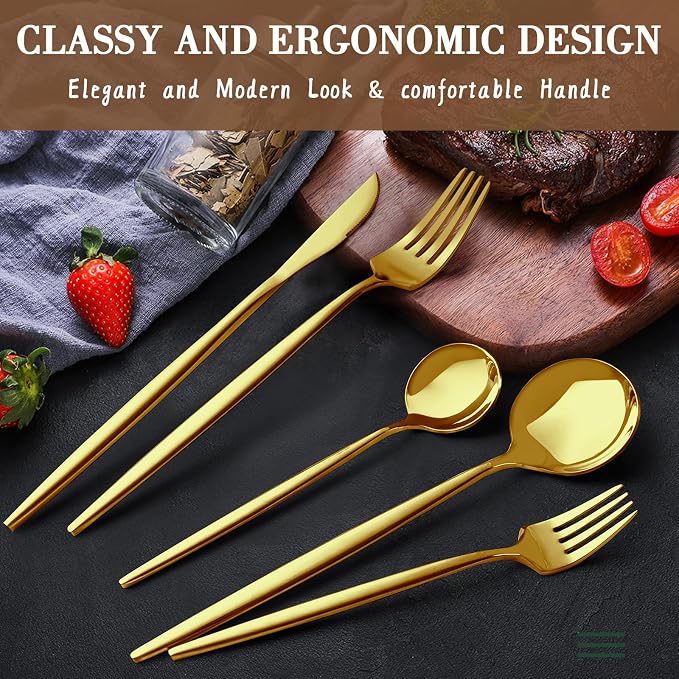 CEKEE 40-Piece Gold Silverware Set for 8, Stainless Steel Flatware Set | Gold Utensils Set, Gold Cutlery Set Include Knives Spoons and Forks Cutlery Set for Kitchen Home Restaurant, Satin Finish