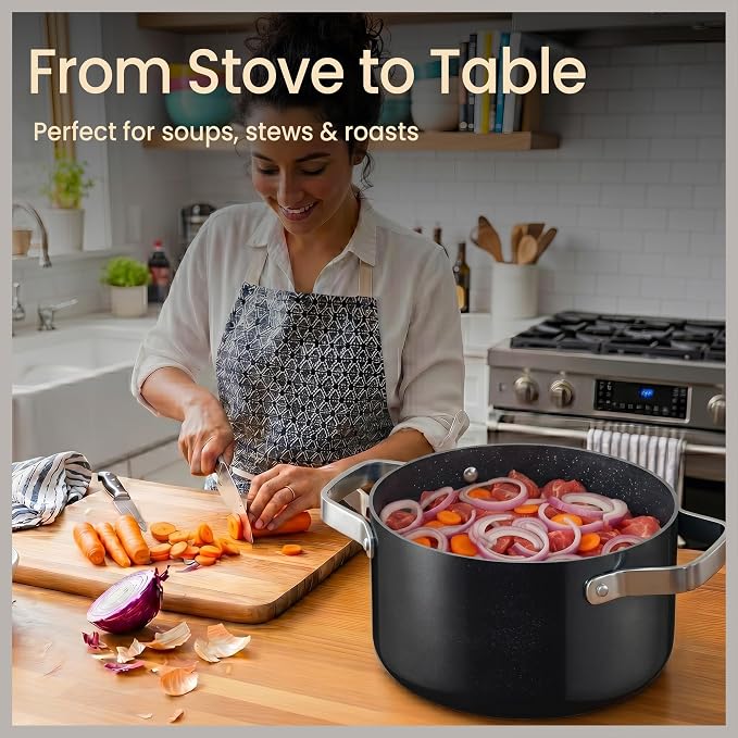 Bakken 16 Quart Ceramic Coated Stock Pot with Lid, Easy Clean Nonstick Pot, Tempered Glass Lid, Riveted Stainless Steel Handles, Oven Safe Up To 500°F, PTFE & PFAS Free, All Stove Compatible, Black
