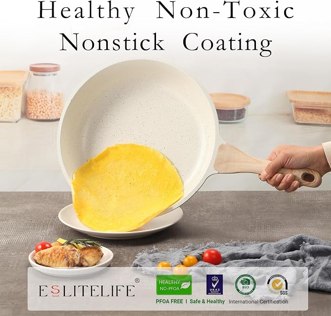 ESLITE LIFE Nonstick Ceramic Frying Pan Skillet, Non-Toxic Egg Omelette Kitchen Cooking Pans Compatible with All Stovetops (Gas, Electric & Induction), PTFE & PFOA Free (White, 11'')