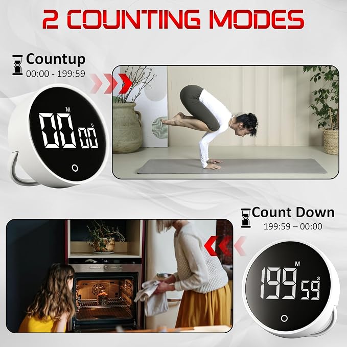 Digital Kitchen Timer with Large LED Display & Pomodoro Countdown | Magnetic rotary twist dial timer with non-slip design, back stand, ideal for cooking, classroom, study, ADHD & productivity.