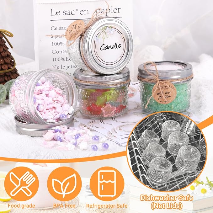 4 oz Small Embossed Mason Jars 40-Pack with Airtight Lids, Leakproof | Mini Canning Jars, Reusable, for Jam/Jelly/Honey, Spices, DIY Candles, Wedding Favors & Gift Packaging