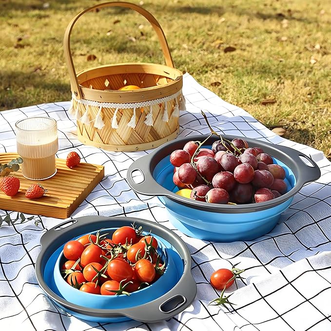 Collapsible Colander Set of 3, Space-Saving Foldable Strainer for Kitchen | 3 Sizes Food Strainer for Draining Pasta, Vegetable and Fruit, Kitchen Gadgets for Home Use and Outdoor Camping (Blue)