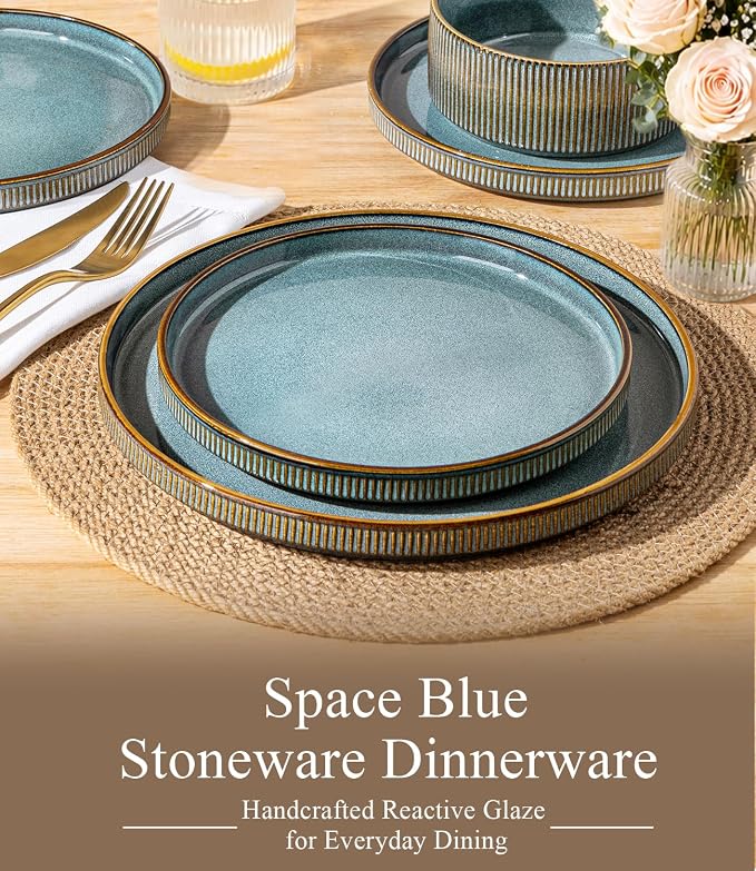 GBHOME Stoneware Dinnerware Sets for 4, 12-Piece Plates and Bowls Set | Handmade Reactive Glaze Ceramic Dish Set, Scratch Resistant, Dishwasher&Microwave Safe,Space Blue
