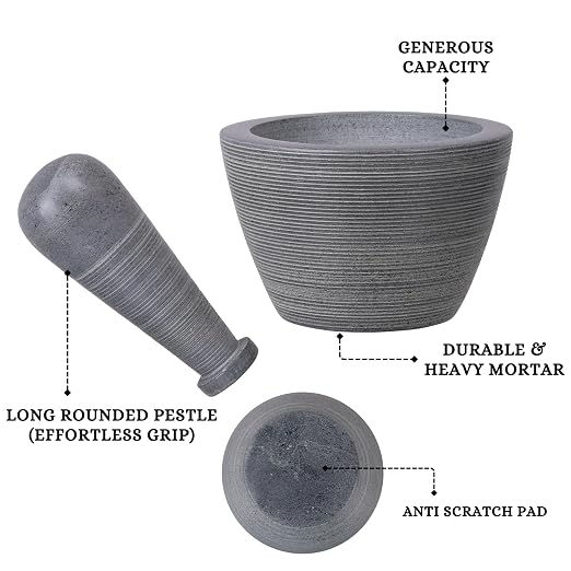 Mortar and Pestle, Made of Heavy Duty Polished Hard Stone, Natural Stone Grinder for Spices, Pastes, Herbs, Seasoning etc. (Rugged, Normal)