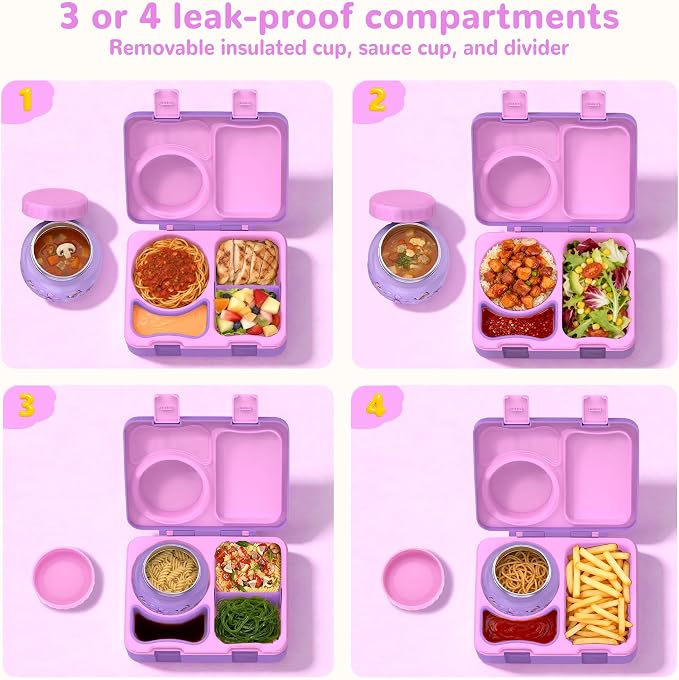 Bento Box for Kids, Leakproof Kids Lunch Box with 8.5OZ Thermo Food Jar & Lunch Bag, 3-4 Compartments Toddler Insulated Lunch Box for Girls, BPA Free Lunch Containers for School Daycare