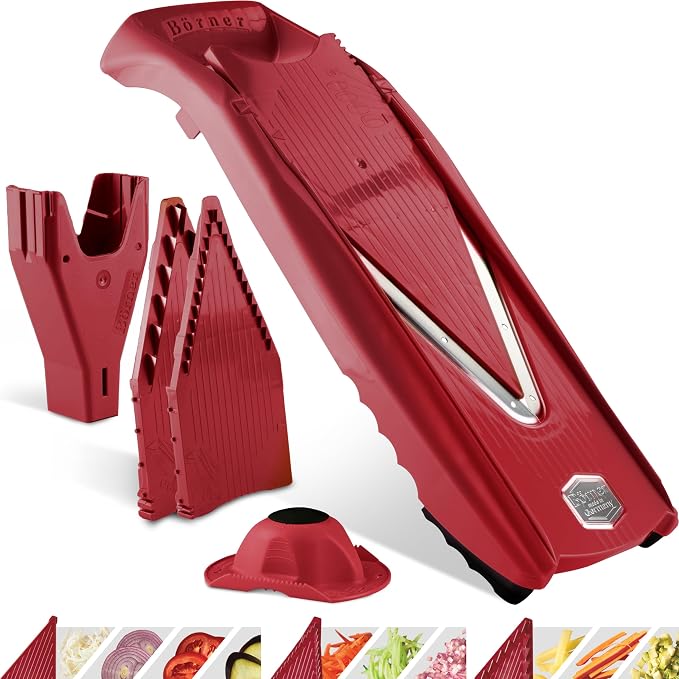 Mandoline Food Slicer Börner V5 (Starter Set) by Reston Lloyd • V-Slicer with Food Holder • Made in Germany • Fruit & Vegetable Chopper • Multiple Settings • Color: Red