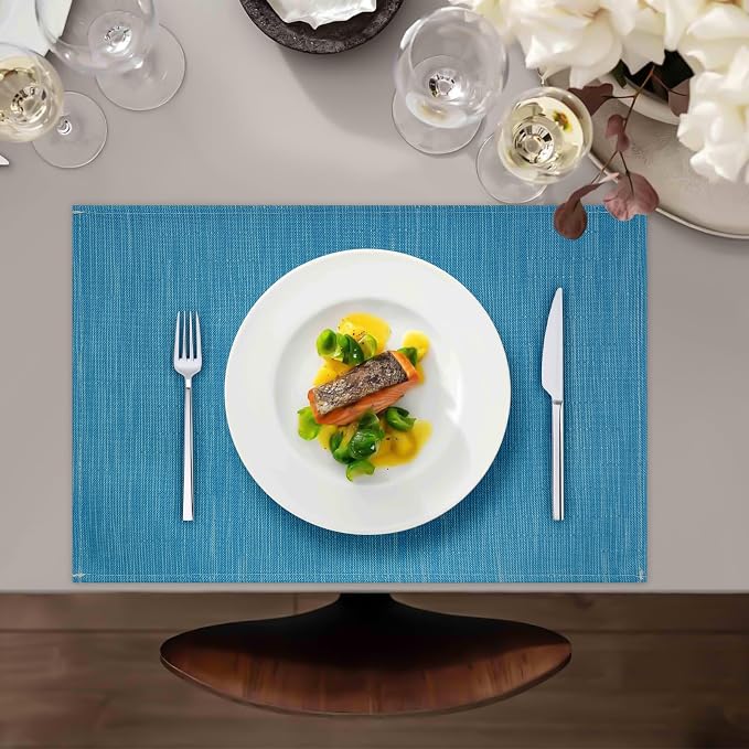 Blue Placemats Set of 4, 12x18 Inch Faux Linen Table Mats | Heat Resistant and Washable Design, Easy to Clean Surface for Dining Rooms, Kitchens, Outdoor Parties and Everyday Home Decor