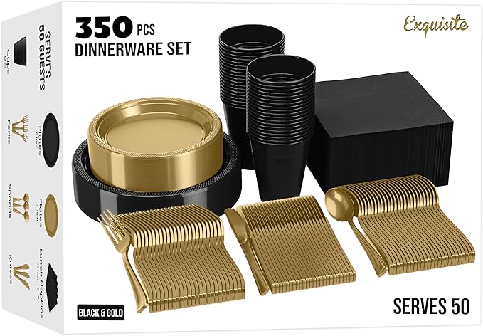 350 Pcs Black & Gold Plastic Plates For Party, Black & Gold Disposable Plates Set, 50 Of Each 9" Dinner Plate Set, 7" Dessert Plate, Cups, Napkins & Cutlery Plastic Dinnerware Exquisite
