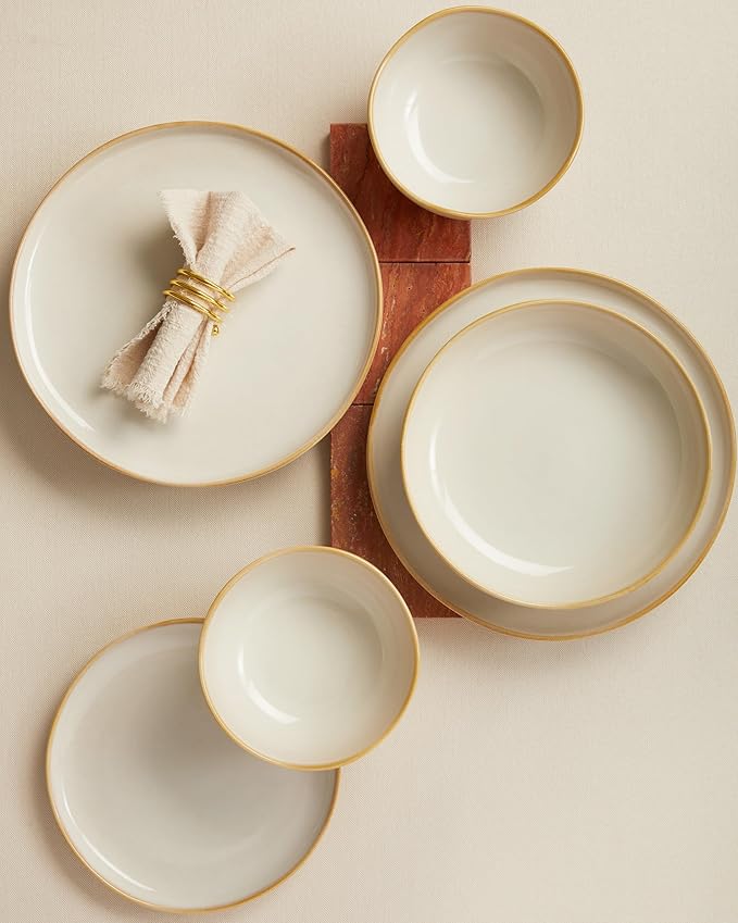 Plates and Bowls Sets, 16 Pieces Dinnerware Set for 4 with Pasta Bowls, Handmade Dishes Set, Chip Resistant Dishware Sets, Microwave Safe Dinner Set, Designed for Interactive Meal, Yellow White