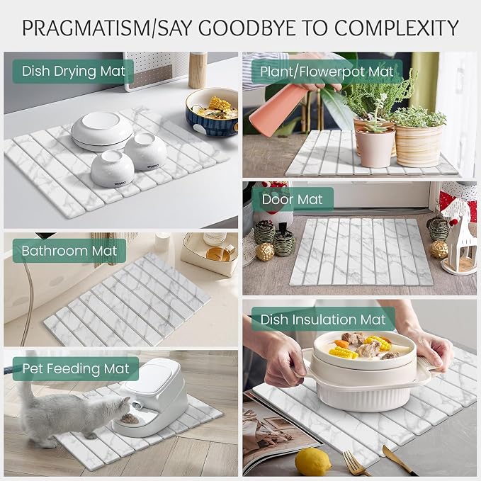 Stone Dish Drying Mat Collapsible Diatomaceous Earth Absorbent Mat Quick Dish Drying Pad Dish Rack Pad Match Any Counterto Multiple Usage for Kitchen,Bathroom (White Marble Pattern, 24"L x 16"W)