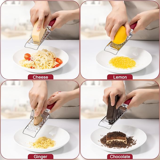 Professional Cheese Graters for Kitchen Stainless Steel Handheld, Metal Lemon Zester Grater With Handle For Cheese, Chocolate, Spices, Kitchen Gadgets Tools, Soft Grip Handle (Red)