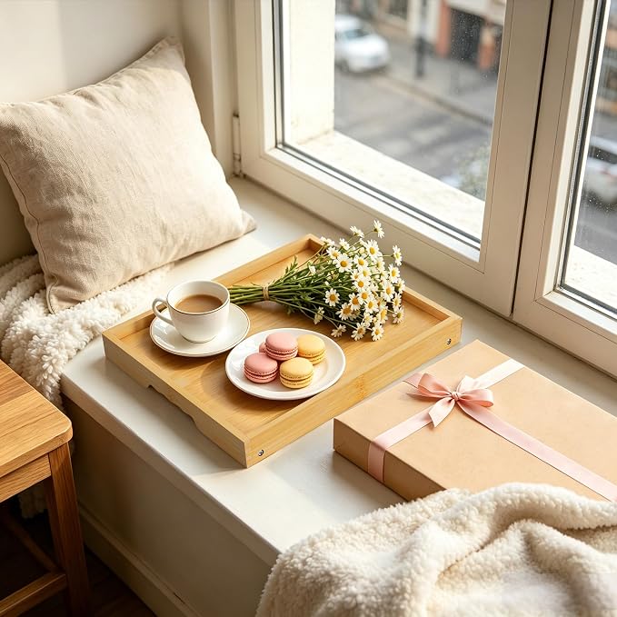 Bamboo Breakfast Trays with Folding Legs, 3 Pack, Large, Natural | 3 large natural bamboo breakfast trays with folding legs, raised edges and side grips for meals, laptops, snacks and serving.