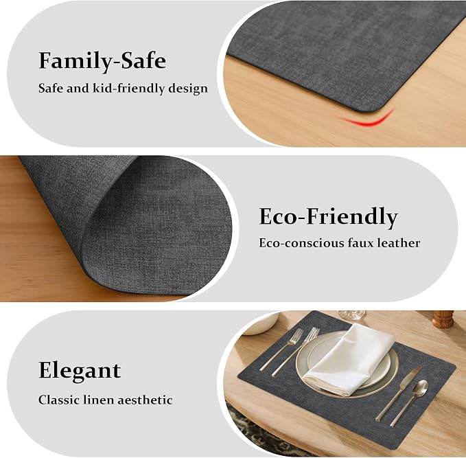 FROMHEART Faux Leather PU Placemats Set of 4 (Dark Grey,11.8" x 17") | Waterproof,Heat/Oil Stain-Resistant Table Mat–Reversible,Non-Slip,Easy to Clean Place Mats for Kitchen,Dining,Indoor/Outdoor