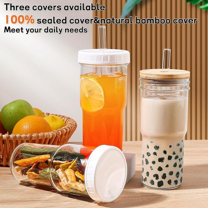 DWTS DANWEITESI Mason Jar with Lid and Straw,24 oz Iced Coffee Cup with Bamboo Lid and Straw,Boba Cups Smoothie Tumbler-Wide Mouth Reusable Glass Cups with Lid and Straws【4 Pack】 710ml