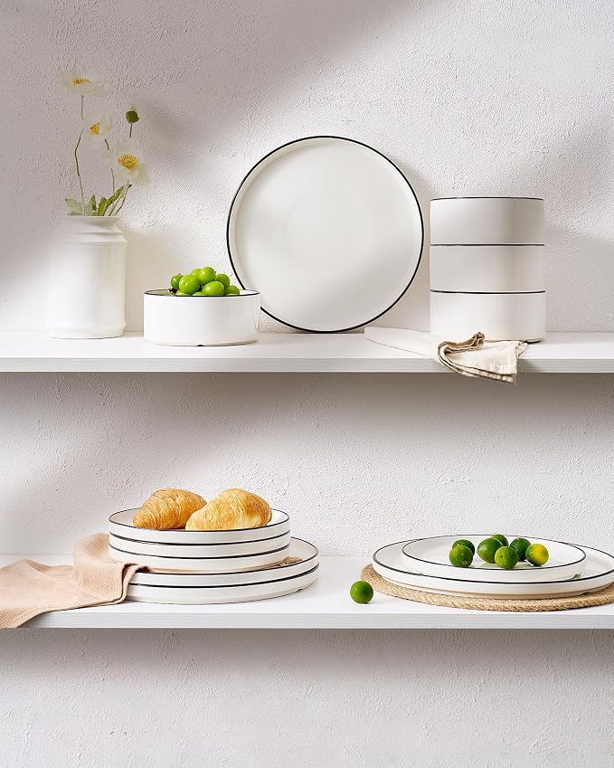 Famiware Porcelain 24-Piece Dinnerware Set, White with Black Trim | Plates and Bowls for 8, Dishwasher & Microwave Safe, Chip & Scratch Resistant, Ideal for Everyday & Formal Use