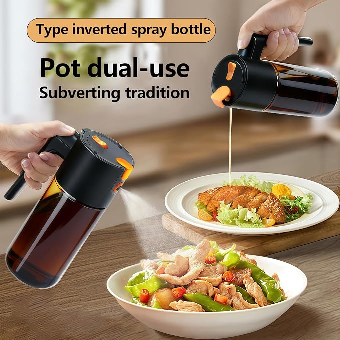 17oz/500ml Leak-Proof Glass Olive Oil Sprayer for Cooking, Fine Mist & Pour | 2 in 1 Oil Dispenser and Sprayer, Switch Between Fine Mist & Precision Pour for Air Fryer, BBQ, Salad, Baking - Black