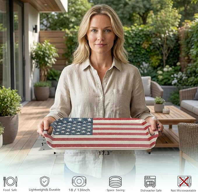 KINGEN 2-Pack Patriotic Bamboo Fiber Serving Trays - 17.3×12.2-inch Extra Large w/Handles Tray, Stars & Stripes Platters for 4th of July, Christmas, BBQ (4th of July Red White Blue Star, 17.3inch)