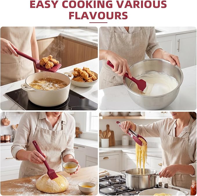 Kitchen Utensils Set 6 PCS,Silicone Cooking Utensils Set Spatula Set,446℉ Heat Resistant Cooking Utensils,Tongs,Spoon,BPA Free Kitchen Gadgets Appliances for Non-Stick Cookware,Home Essential(Red-6P)