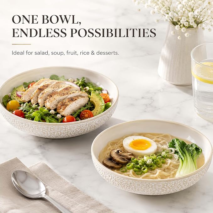 8" Ceramic Pasta Bowls, 22 Oz Serving Bowls Set of 4, Porcelain Shallow Soup Bowl, Embossed Serving Dishes for Pasta, Fruit, Salad, Housewarming Gift, Dishwasher Safe