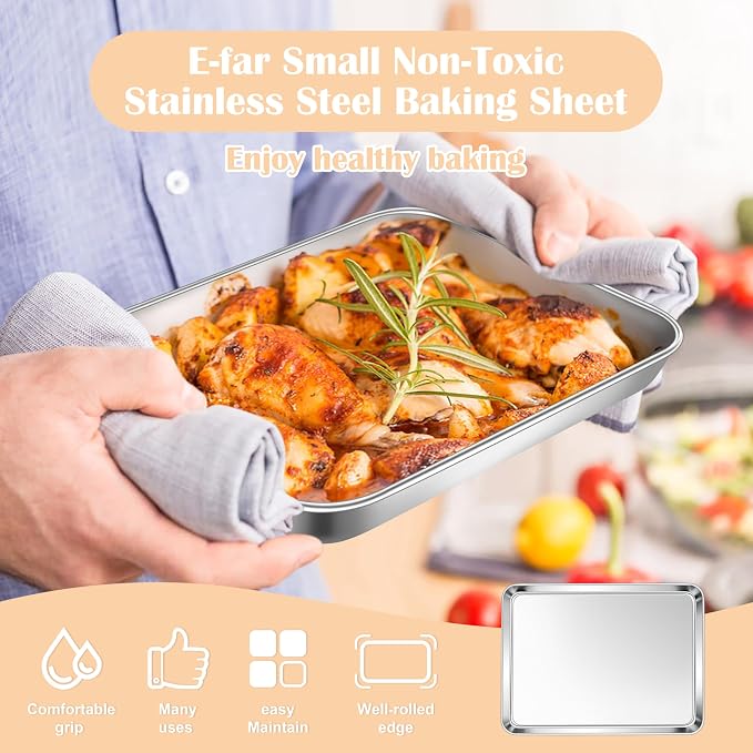E-far Mini Toaster Oven Tray, 9.4”x7.3” Stainless Steel Baking Cookie Sheet | Small Non-toxic Metal Baking Pan for Cake Cookies, Rust Free & Warp Free, Mirror Finish & Dishwasher Safe