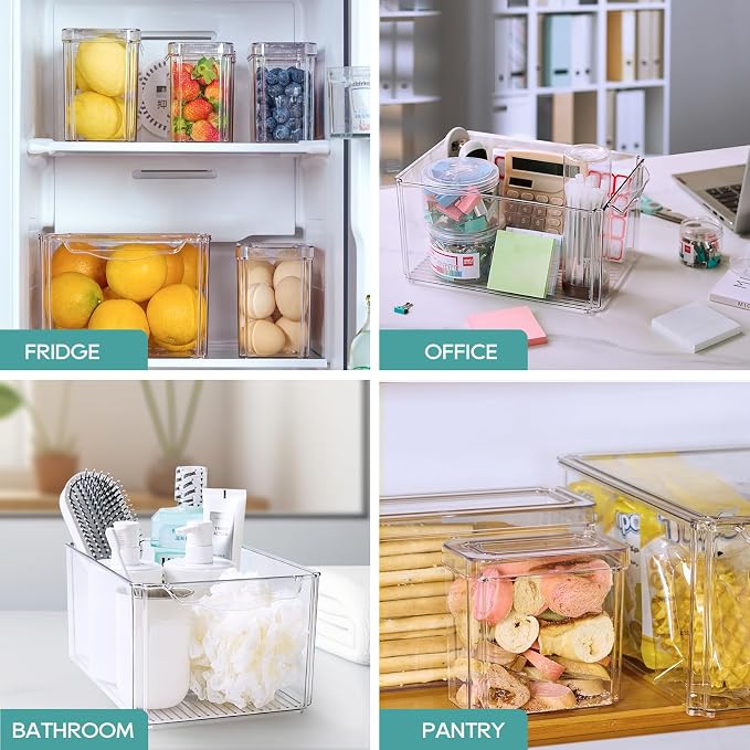 MUCHII 8 Pack Fridge Organizers, Clear Stackable Organizer Bins with Lids | Clear Plastic Stackable with Lids,Pantry Kitchen Organization,Fruit Veggie Produce,Soda Can,Meat Cheese Yogurt,Fridge