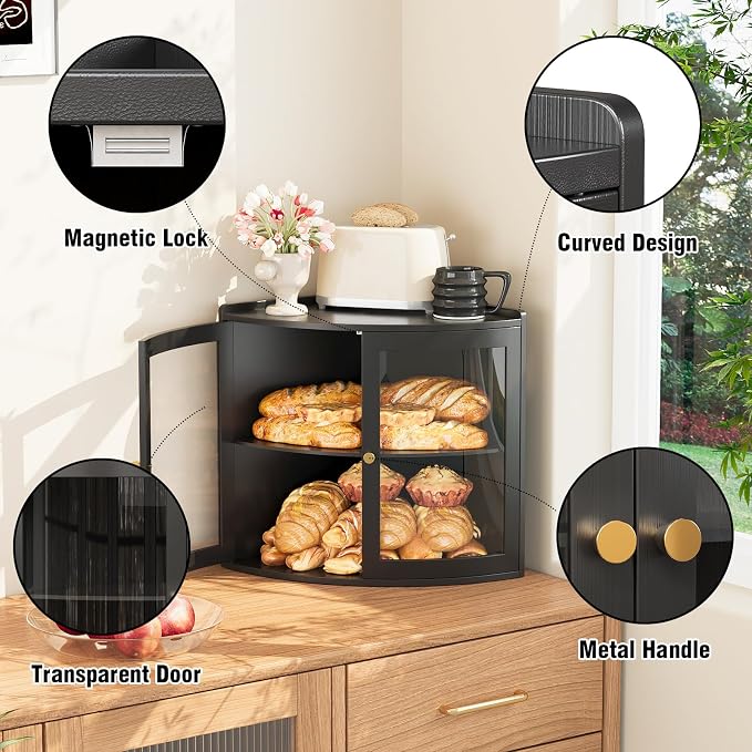 Trironsun Fan Shape Corner Bread Box for Kitchen Counter Double Layer Large Bread Storage Container with Acrylic Doors Farmhouse Wooden Bread Box Organizer for Homemade Bread (Black)