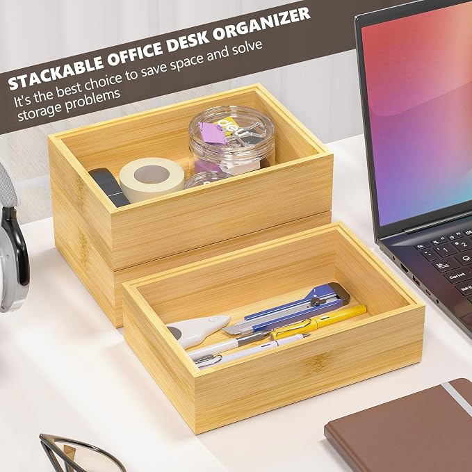 Kitchen Drawer Organizer Bins, Stackable Bamboo Drawer Organizer for Silverware, Flatware, Deep Office Desk Drawer Organizer Tray, Desktop Pen, Office Organization 9" x 6" x 2.5" (Set of 2)