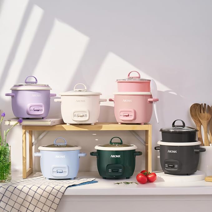 AROMA CoreCoat™ Mini Rice Cooker (3 Cups Cooked) with Nonstick Ceramic Pot Coating, Glass Lid, and Pop-Up Steamer Tray, 0.8 Quart