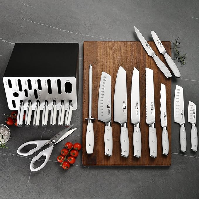 Stahl 19-Piece German Steel Kitchen Knife Block Set (White) | Premium Knife Set, Long-Lasting Sharpness, Versatile Knife Choices, Space-Saving Block, Ideal For Food Prep & Large Gathering