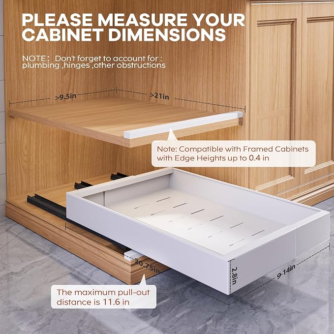 Seinloes 4 Pack Expandable Pull Out Cabinet Organizer 21" Deep with Raising Pad for Framed Cabinets,Upgrade 3 Slide Rails Slide Out Drawers,Roll Out Shelves Adhesive,Adjustable Width 9"-14.1" White