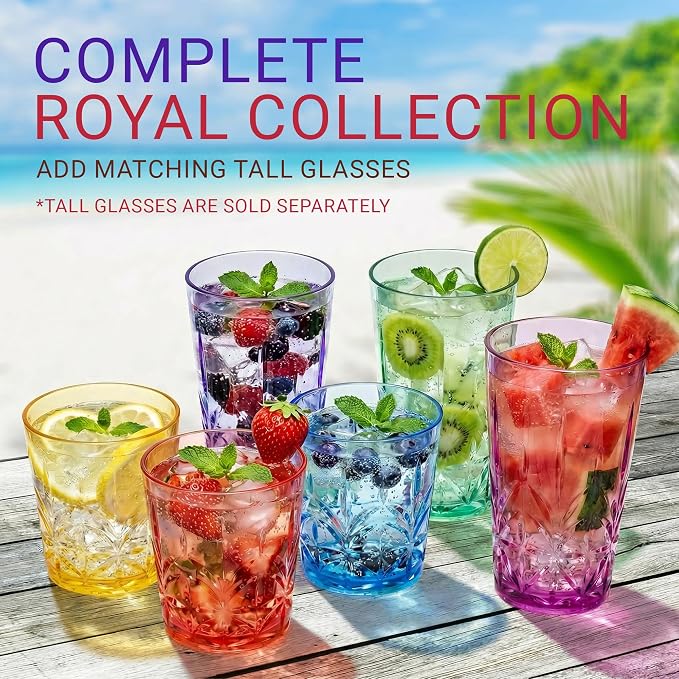 Bravario Royal Plastic Drinking Glasses,13 oz Set of 6, Plastic Cups Reusable Dishwasher Safe, Premium Juice & Water Tumblers for Home Kitchen Pool Party, Great Gift, BPA-Free Durable Mixed Colors