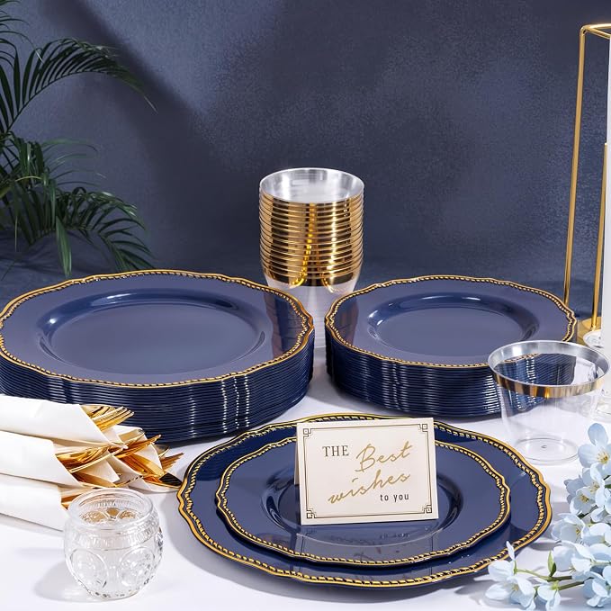 350 Pcs Blue and Gold Plastic Plates for Wedding & Party | Blue Plastic Dinnerware Set Includes 50 Dinner Plates, 50 Dessert Dinnerware, 50 Cups, 50 Rolled Napkin Cutlery