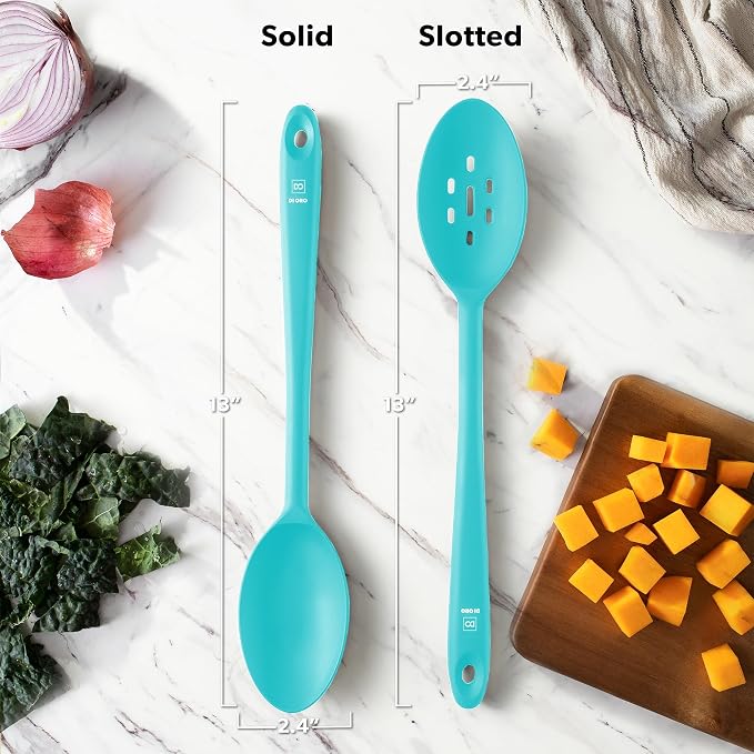 DI ORO Silicone Cooking Spoons - Solid & Slotted Set, 2-Pc Teal | Large heads for mixing, serving, and stirring; Heat-resistant to 600F for nonstick cookware; BPA-free and dishwasher safe