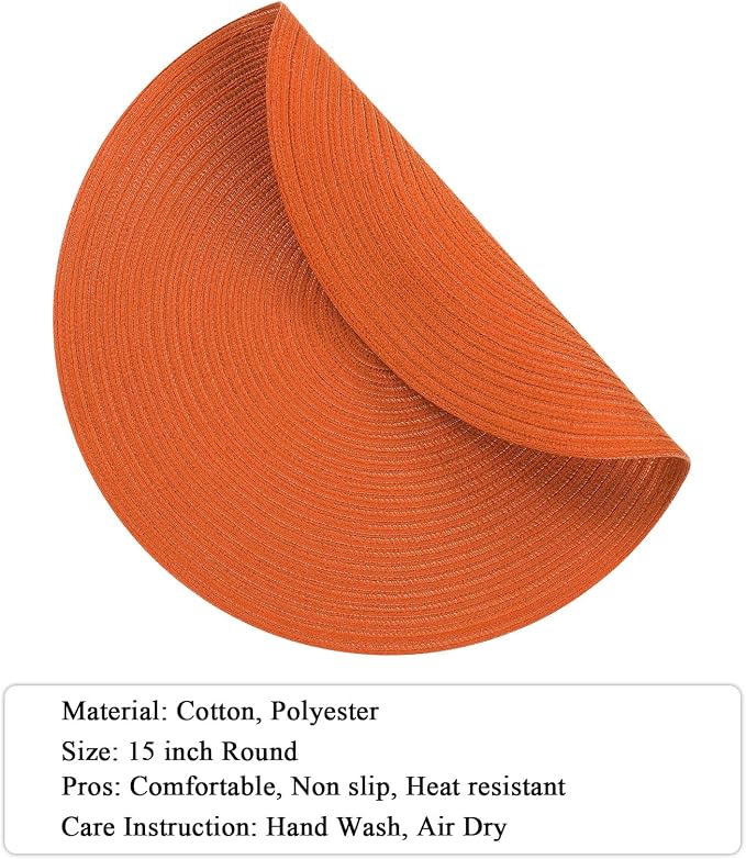 SHACOS Round Placemats Set of 4 for Dining Table Autumn Fall Round Braided Place Mats Washable Non Slip Kitchen Table Mats Decor, Bright Orange