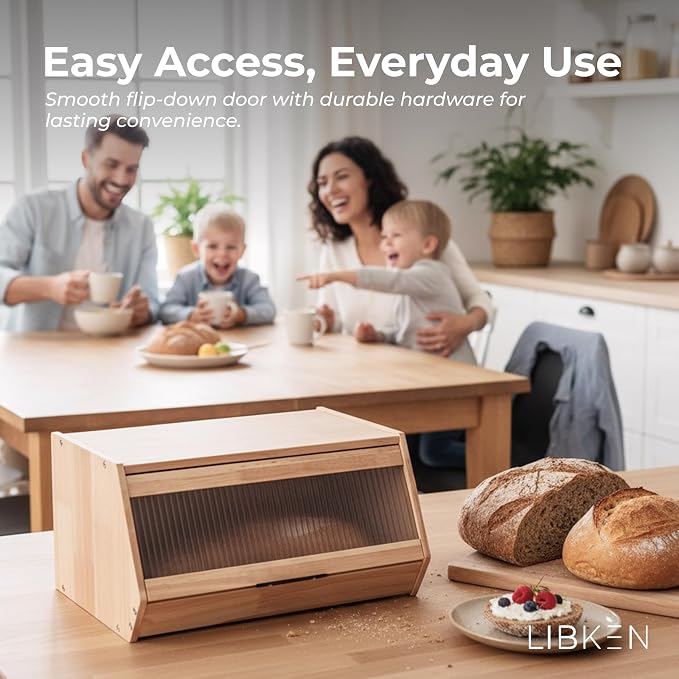 Bread Box – Durable Wooden Bread Bin with Secure Plastic Lid, Scandinavian-Inspired Design for Kitchen Countertop – Stylish Storage for Bread & Pastries