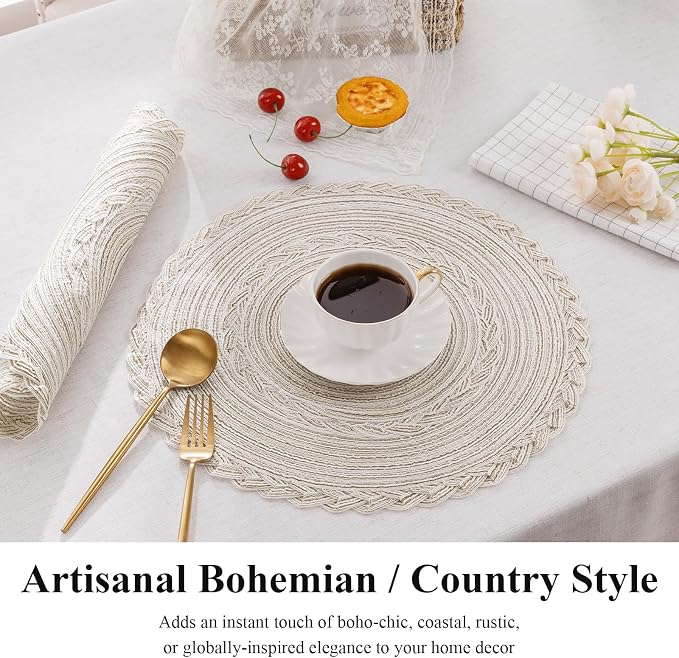 SHACOS 15 inch Round Braided Placemats Set of 12 for Dining Table Woven Boho Place Mats Kitchen Placemat Washable Table Mats, Ivory Bordered