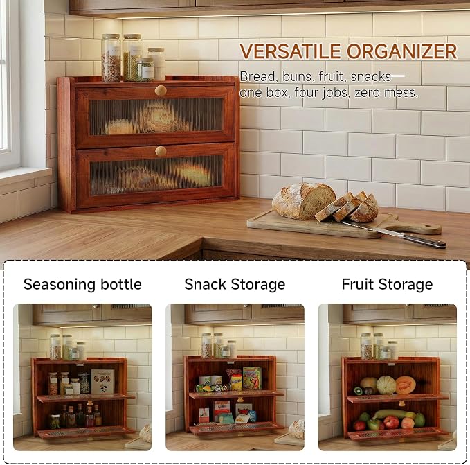 Corner Bread Box for Kitchen Countertop, Cherry-Toned 2-Tier Farmhouse | Ventilated Design Keeps Bread Crusty, Stores Fruit, Snacks & Spices, Corner-saving for Countertop, Counter Organizer