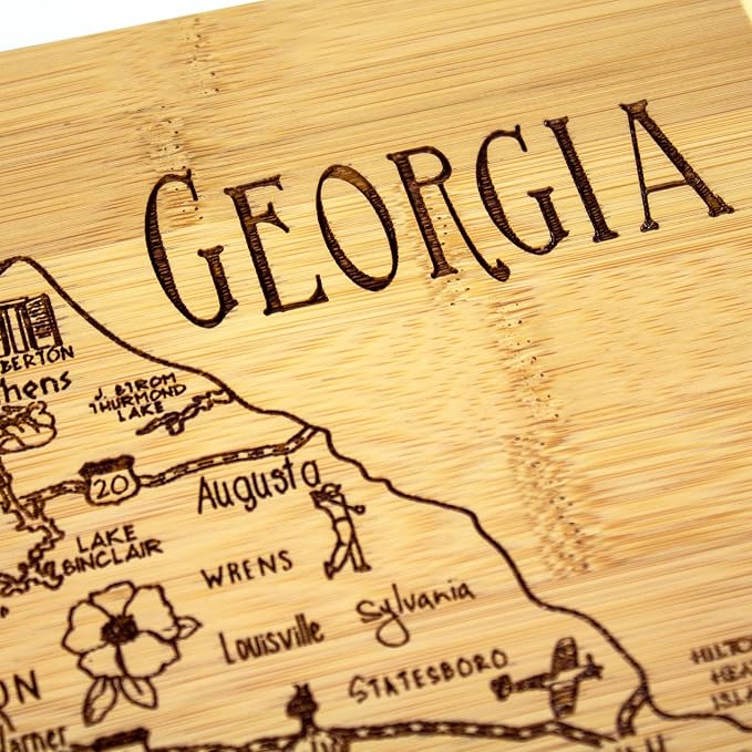 Totally Bamboo A Slice of Life Georgia Engraved Map Cutting Board | 11” x 8.75” charcuterie board with engraved state map artwork. Smooth reverse side for food prep. Hang tie for wall display.