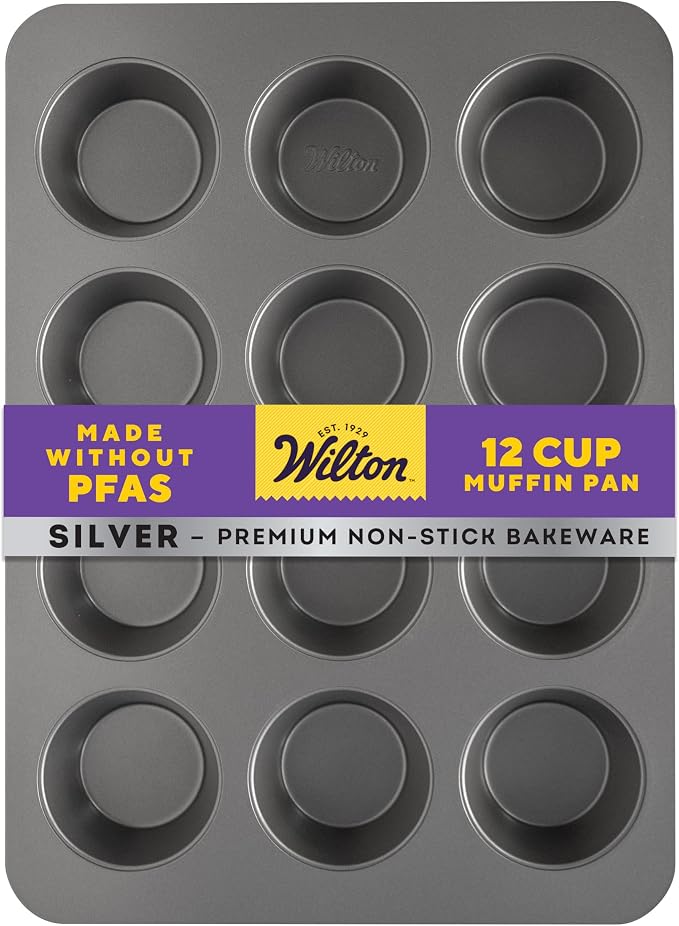 Wilton Silver Non-Stick Muffin Pan, Made Without PFAS, 12-Cup | Non-Stick Steel Bakeware, Dishwasher Safe with 5-Year Limited Warranty, Perfect for Everyday Cupcakes & Muffins