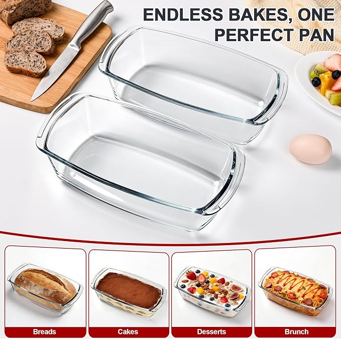 LOVYANXUE 2 Pack Glass Loaf Pan with Lid, 1.9QT/ 62 OZ Bread Pan - Baking Dish with Airtight Lids BPA free - Meatloaf Pans For Homemade Bread, Baking, Cakes, Dessert, Microwave & Oven Safe