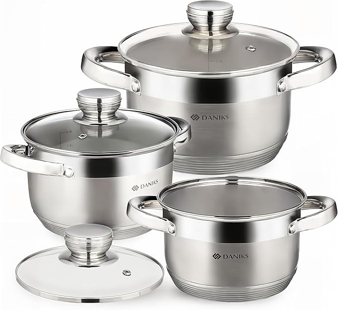 Daniks Standard 6-Piece Stainless Steel Cookware set with Glass Lid, Tri-Ply Bases for Even Heating, Induction Compatible, Dishwasher Safe, Built-In Measuring Scale, Silver