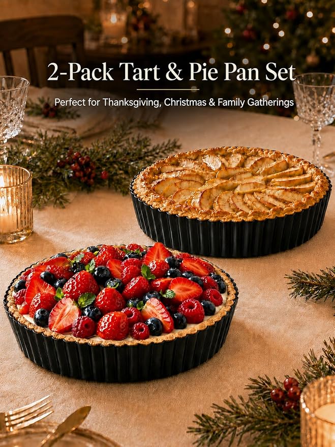 9.45*2.2 Inch Quiche Pans 2 Pack. Removable Bottom, Non-Stick Coating, Rugged Carbon Steel Baking Dish for Tart Quiche Pie. Metal Mold Gift for Women Wife Christmas Thanksgiving Party Festival