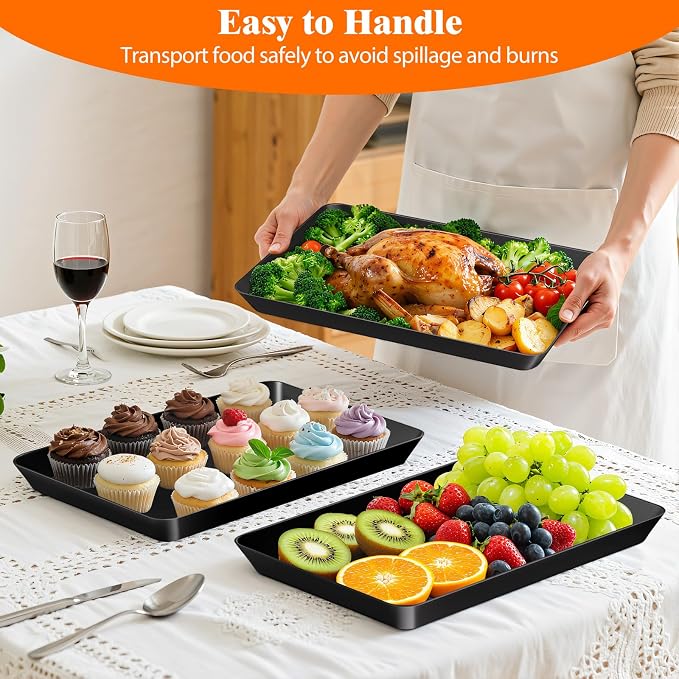 SpaceTrove 8-Pack Serving Tray Set, Reusable Plastic Serving Platter for Party Supplies, Entertaining, Grilling Accessories, Stackable Kitchen Snack Container for Dessert, Fruit, Cookie, (Black)