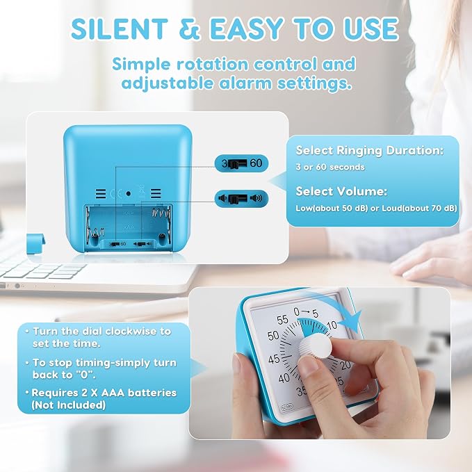 Secura Visual Timer for Kids, 60 Minute Classroom Countdown Timer for Study | Non-Ticking, Adjustable Alarm Volume/Duration, Low Power Reminder, Time Management Tool for ADHD (Blue & Blue)