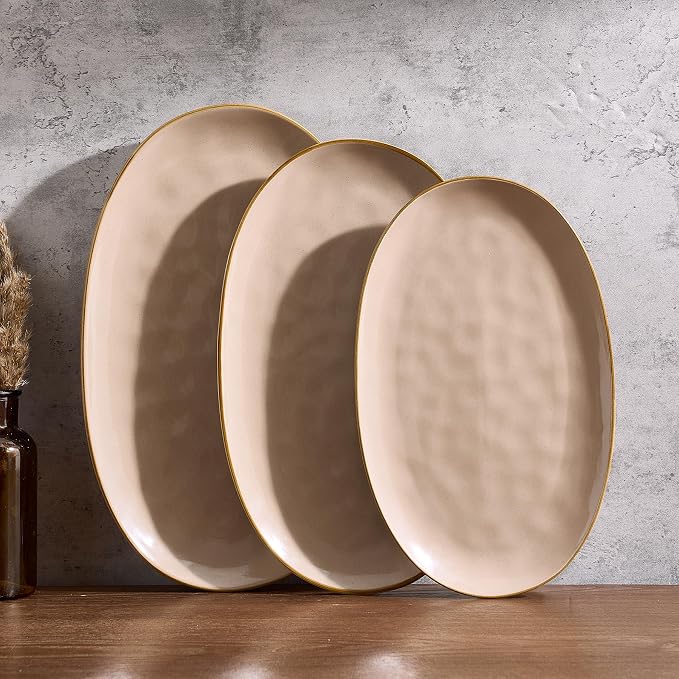 famiware Serving Platter, Oval 15.59/14.3/12.9 inch Serving Dishes for Entertaining, Serving Bowls, Microwave Safe, Stonware Serving Trays for Party, Turkey, Cheese, Ocean Series, Cinnamon Brown