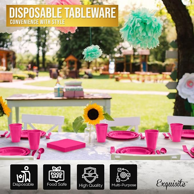 350 Pcs Cerise Plastic Plates For Party, Cerise Disposable Plates Set, 50 Of Each 9" Dinner Plate Set, 7" Dessert Plate, Cups, Napkins & Cutlery Plastic Dinnerware Set Exquisite