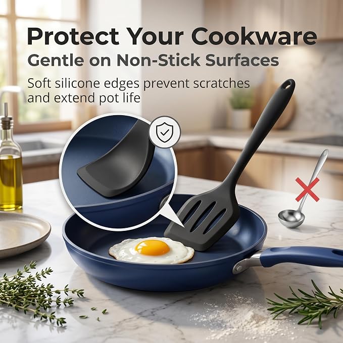 LIANYU Non-Toxic Cooking Utensils Set of 8, Silicone Black Kitchen Utensils | Healthy Kitchen Tools for Non-Stick Cookware, with Spatula & Spoon, Stainless Steel Core, Healthy & Heat Resistant